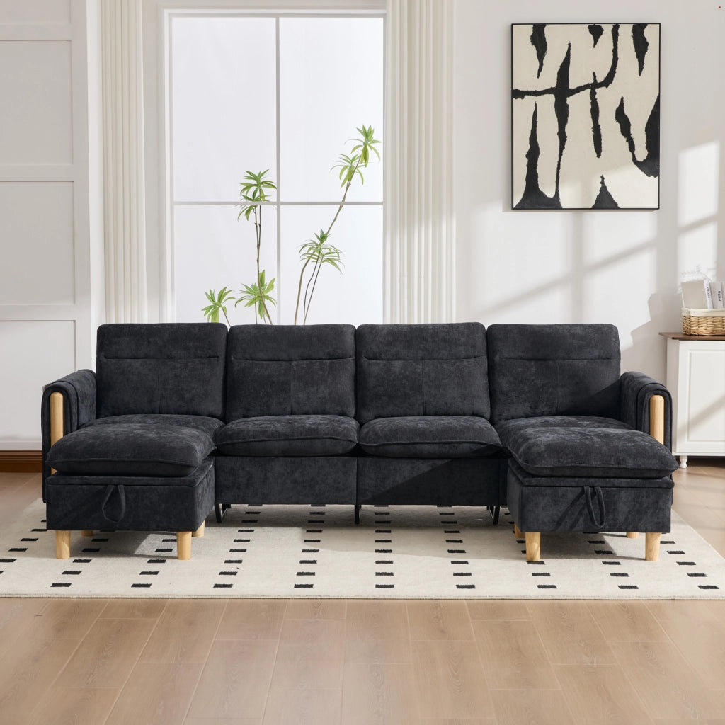 Divano modulare a U a 4 posti con 2 pouf contenitore; chenille nero