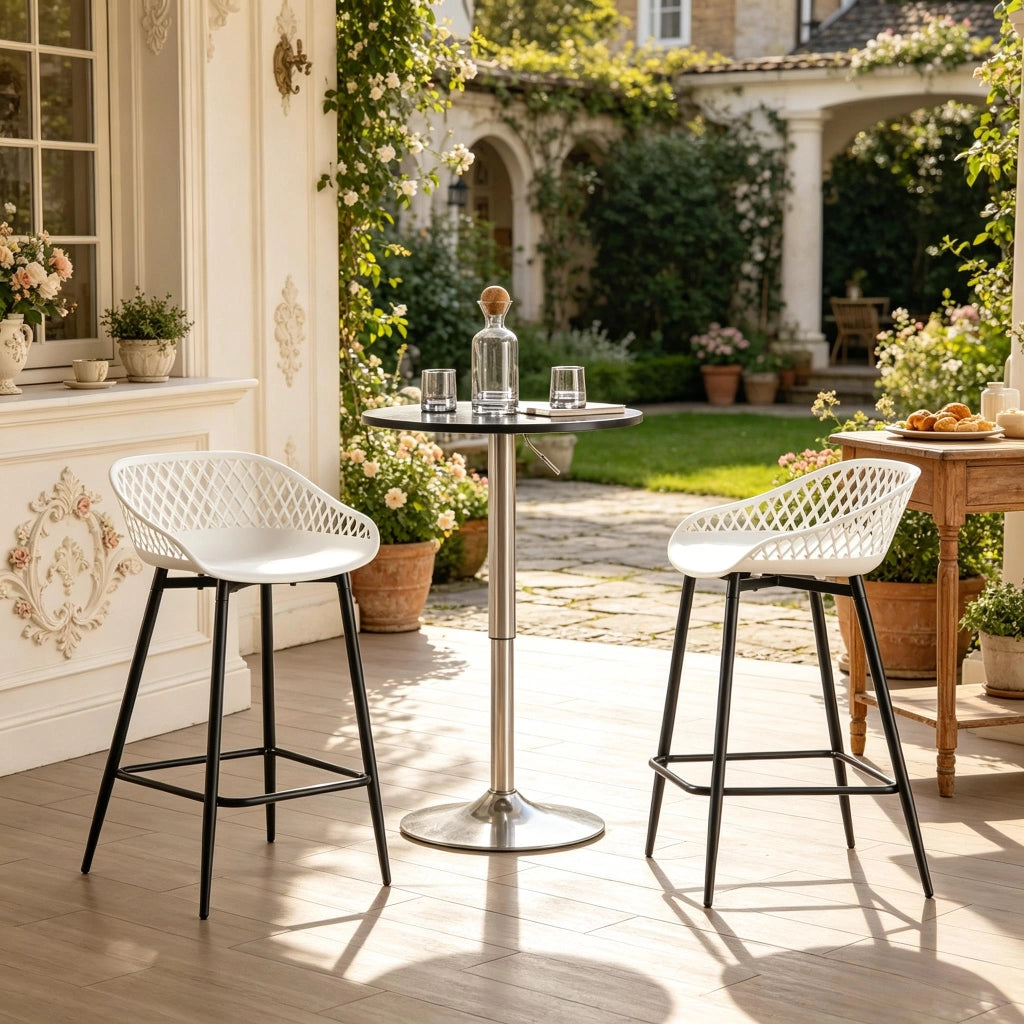 Sgabello da bar set da 2 con schienale traforato ergonomico braccioli e poggiapiedi in polipropilene e metallo bianco