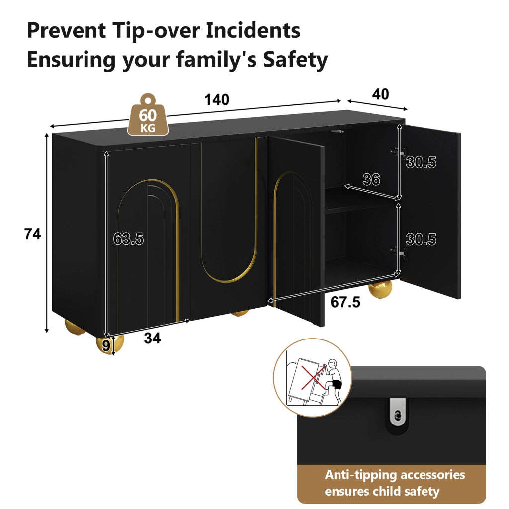 Credenza a 4 ante con rilievo ad arco dorato; 2 scomparti e ripiani; per sala da pranzo e soggiorno; nero; 140 × 40 × 74 cm