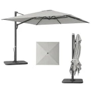 Ombrellone a Sbalzo con Manovella e Base a Croce, in Poliestere, Alluminio e Metallo, 365x297x256 cm, Grigio Chiaro