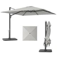 Ombrellone a Sbalzo con Manovella e Base a Croce, in Poliestere, Alluminio e Metallo, 365x297x256 cm, Grigio Chiaro