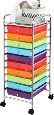 Carrello con 10 Cassetti da Stoccaggio, Cassettiera di Metallo e Plastica, Contenitore Multiuso con Ruote a Freno, per Casa e Ufficio (Arcobaleno Scuro)