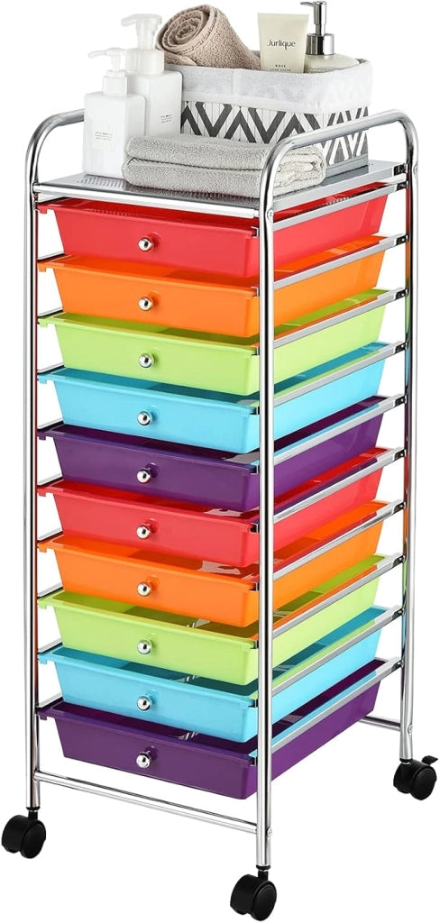 Carrello con 10 Cassetti da Stoccaggio, Cassettiera di Metallo e Plastica, Contenitore Multiuso con Ruote a Freno, per Casa e Ufficio (Arcobaleno Scuro)