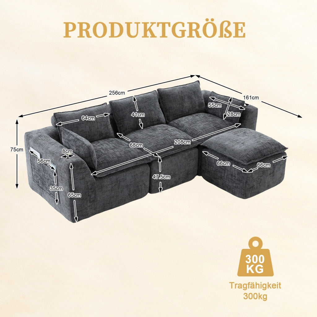 Divano modulare a 3 posti con tasche laterali cuscini e molle in ciniglia grigio scuro 256 × 161 × 75 cm