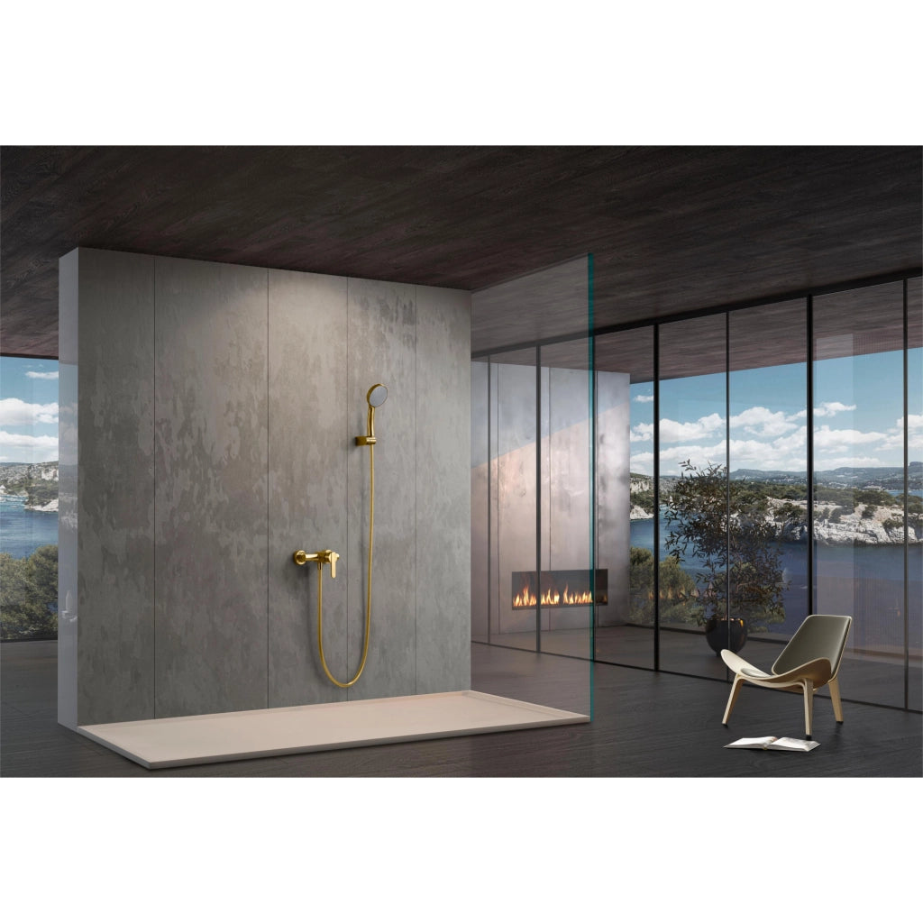 IMEX Miscelatore doccia in ottone e zama con finitura PVD oro spazzolato tubo flessibile metallico 180 cm cartuccia ceramica Ø35 mm supporto in ABS maniglia rotonda per doccetta - Modello Imex-BDR