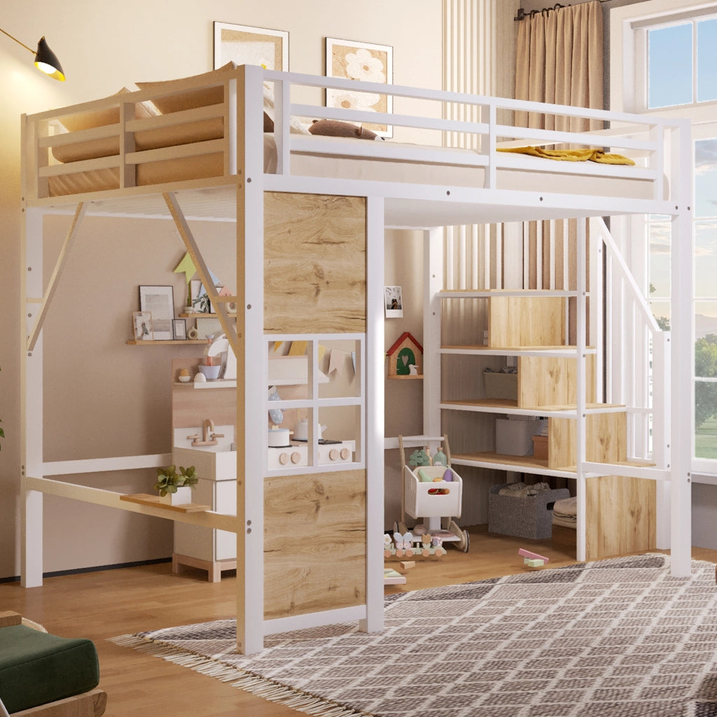 Letto a soppalco 140x200 cm con scala contenitore; finestra; spazio libero sottostante e parapetto; metallo bianco