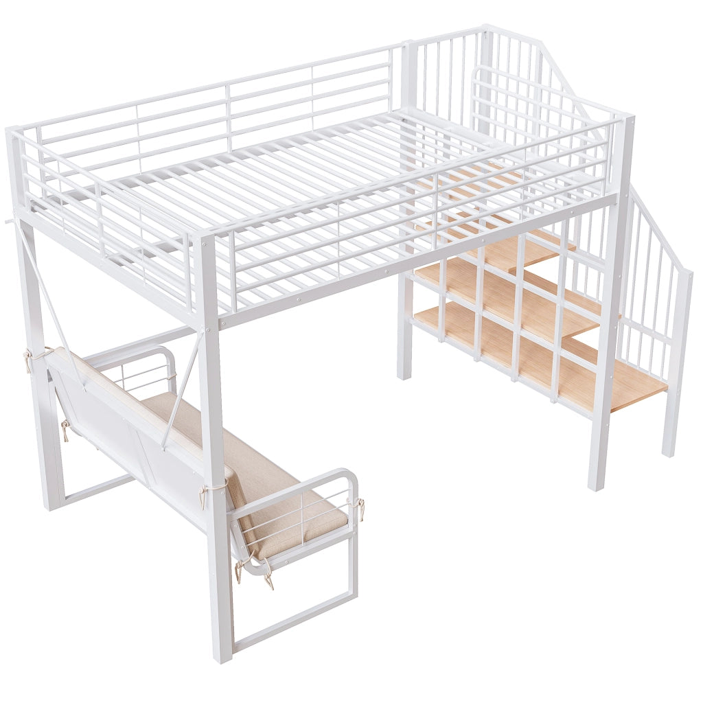 Letto a castello 140 × 200 cm con divano imbottito, scala con contenitore, senza materasso, bianco