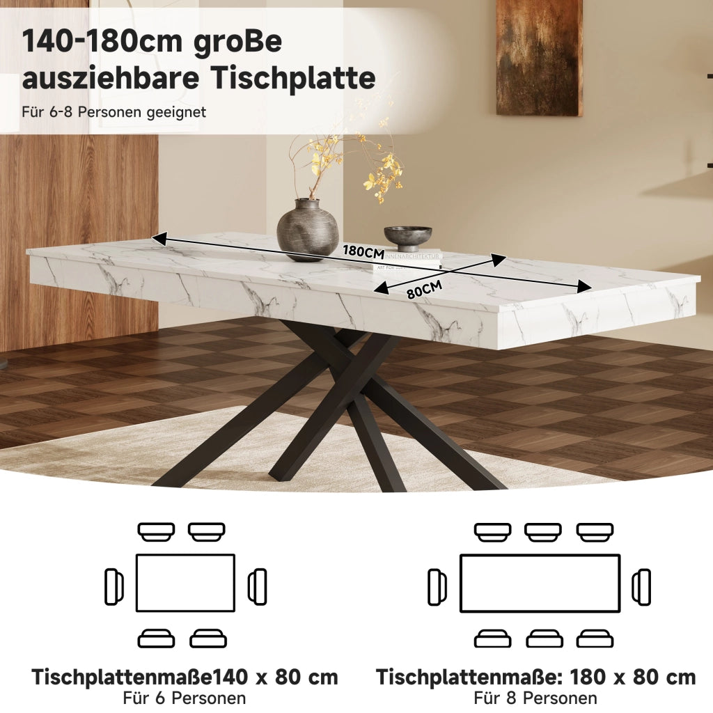 Tavolo da pranzo allungabile 140-180x80 cm in MDF bianco; per 6-8 persone