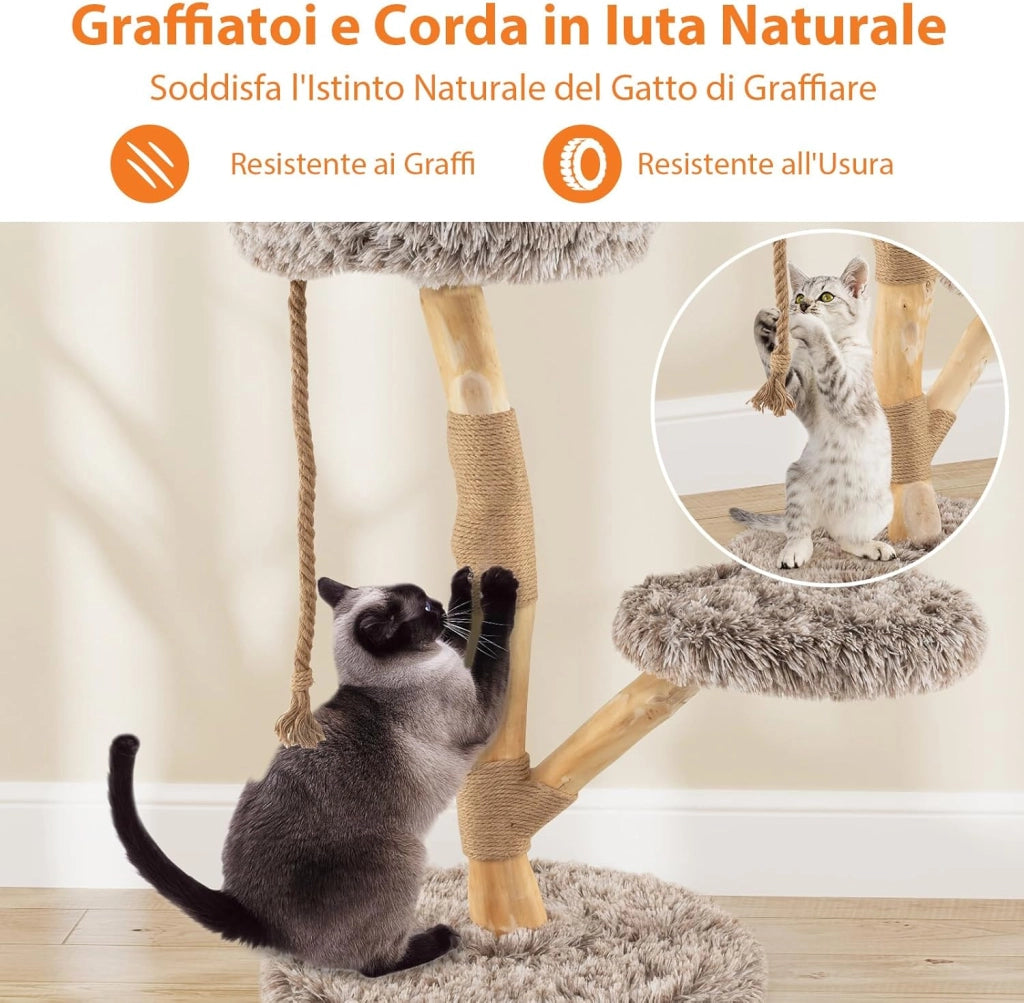 Albero per Gatti 90 cm, Torre Moderna in Legno con Piattaforme, Tiragraffi in Luta Naturale e Corda, Albero Tiragraffi per Animali Domestici