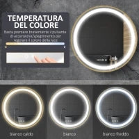 kleankin Specchio Bagno con Luce LED, Luminosità Regolabile a 3 Tonalità e Funzione Memoria, Ø60 cm, Oro