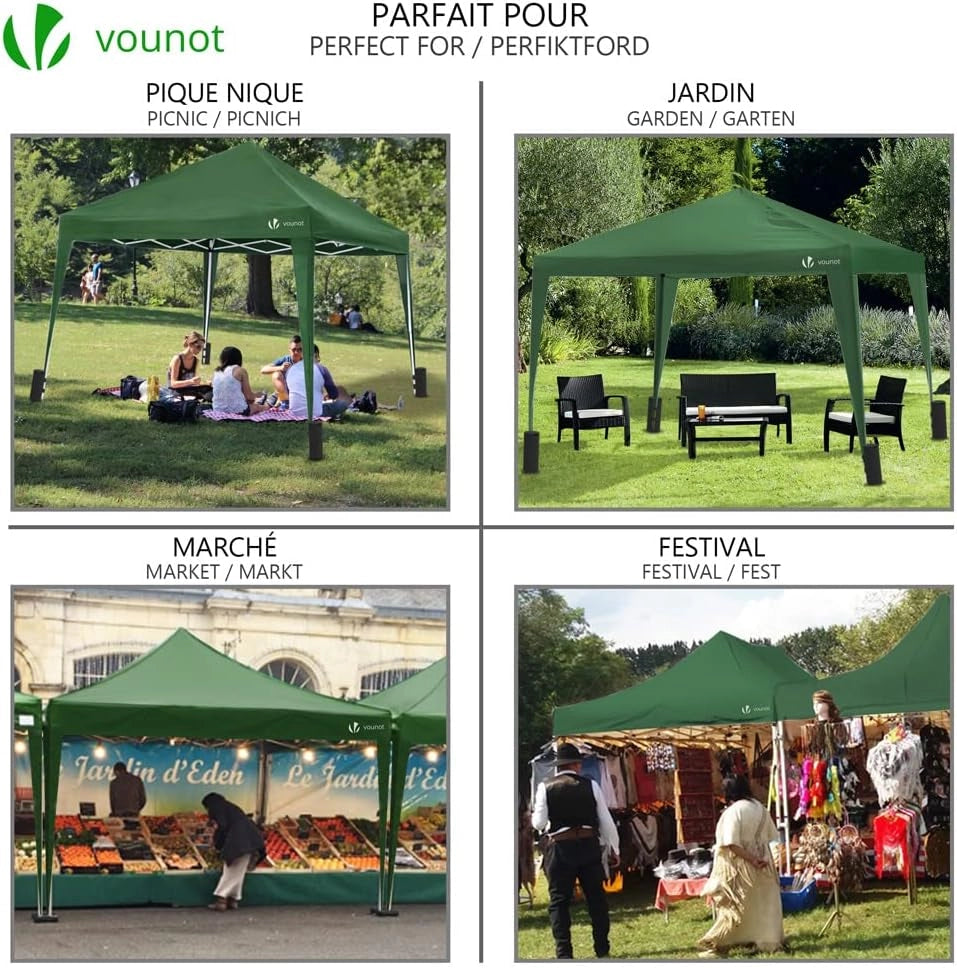 Gazebo Pieghevole da Giardino 3x3 M, Mercato Tenda Pop up con 4 Sacchi di Sabbia di Peso e Sacca di Trasporto, Verde