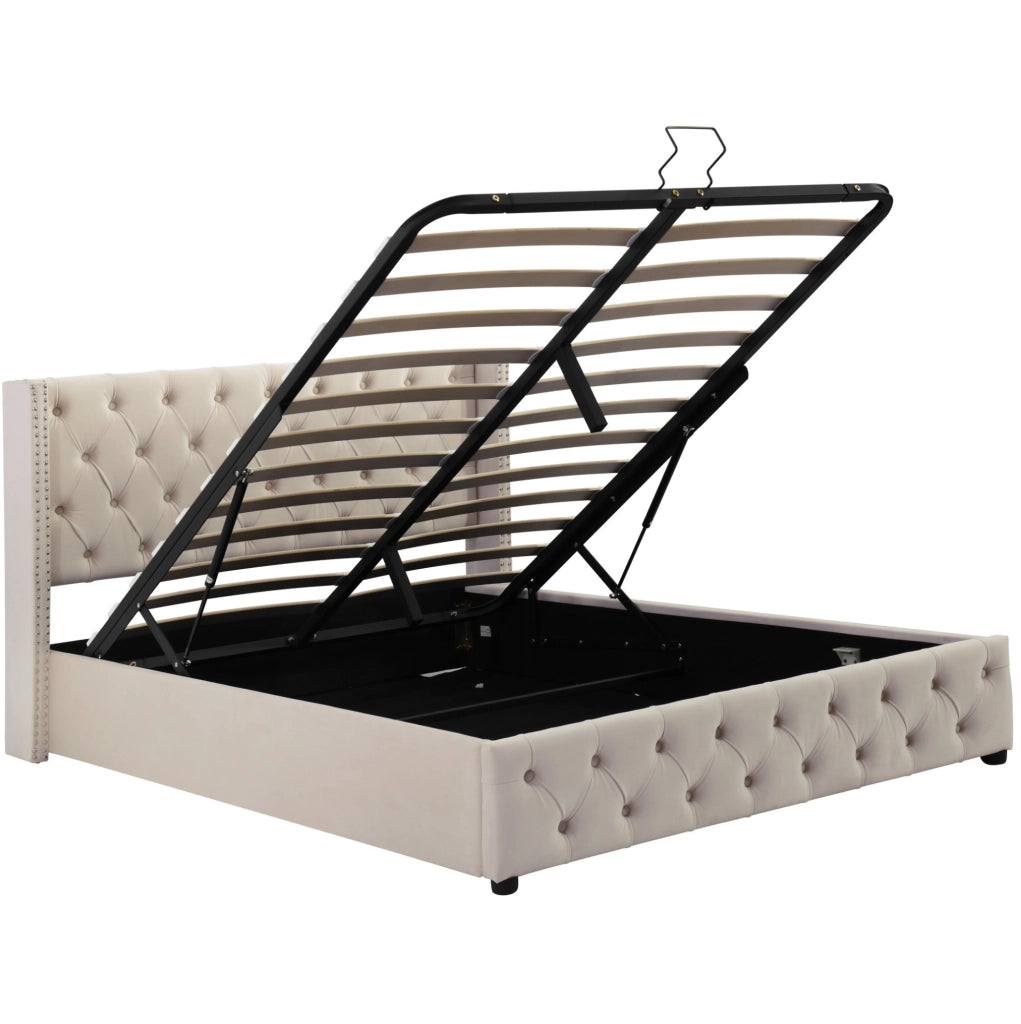 Letto imbottito 140x200 cm con contenitore idraulico in velluto beige