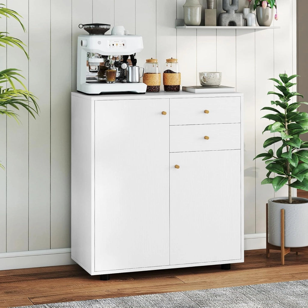 Mobile Dispensa con 2 Cassetti, Credenza da Cucina con 2 Ante, Mobiletto Basso con 3 Ripiani Regolabili, Armadio a Buffet per Sala da Pranzo, Soggiorno, 74x35x85,5 cm(L x P x A) (Bianco)