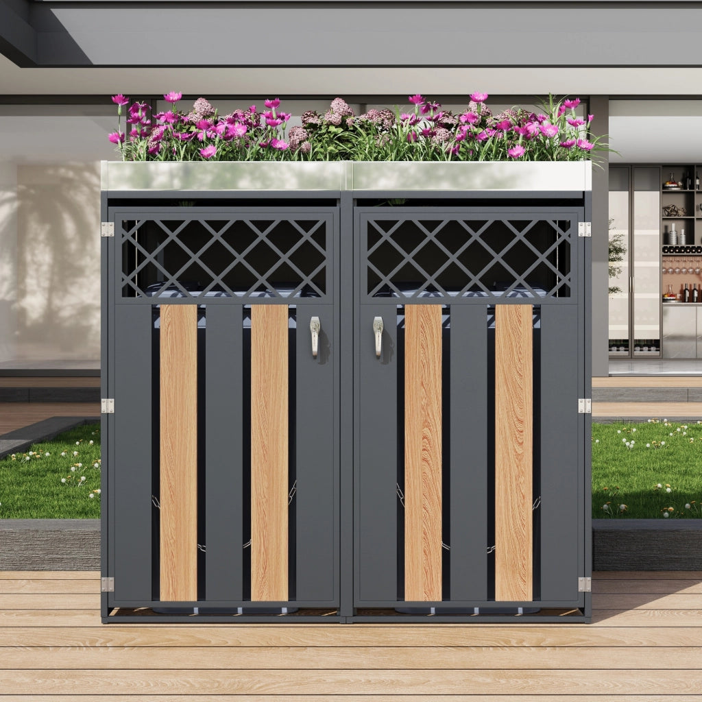 Armadio portacassonetti con fioriera in acciaio grigio e legno 132 × 80 × 124,5 cm
