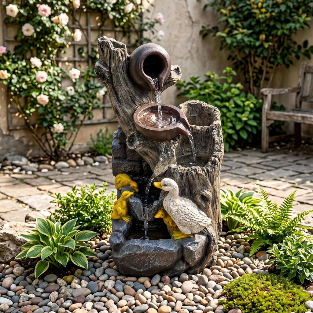 Fontana a Cascata da Esterno con Illuminazione LED e Pompa | Fontana da Giardino in Resina Effetto Pietra e Legno con Anatre per Cortile e Salotto 30 x 27 x 57 cm