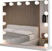 Specchio per Trucco Illuminato, Specchio da Tavolo con 14 Luci LED e Specchio con Ingrandimento 5X, Specchio da Toeletta con 3 Colori e Luminosità Regolabile, 50x43 cm