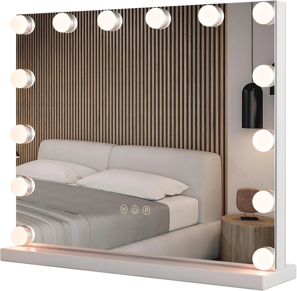 Specchio per Trucco Illuminato, Specchio da Tavolo con 14 Luci LED e Specchio con Ingrandimento 5X, Specchio da Toeletta con 3 Colori e Luminosità Regolabile, 50x43 cm