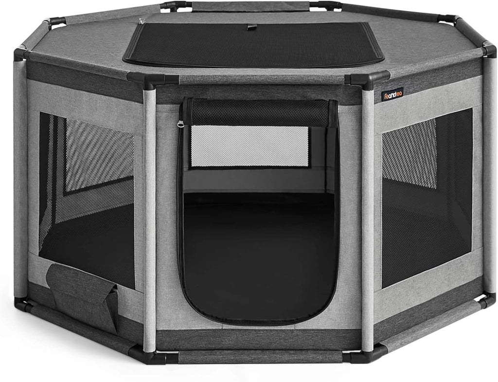 Feandrea Recinto per Cani di Tessuto Oxford, Recinto per Animali Ottagono, L, 112 x 112 x 62 cm, Telaio di Tubi in PVC, Rete Respirante, Tasca Portaoggetti, Grigio Scuro e Grigio Chiaro PDC003G01