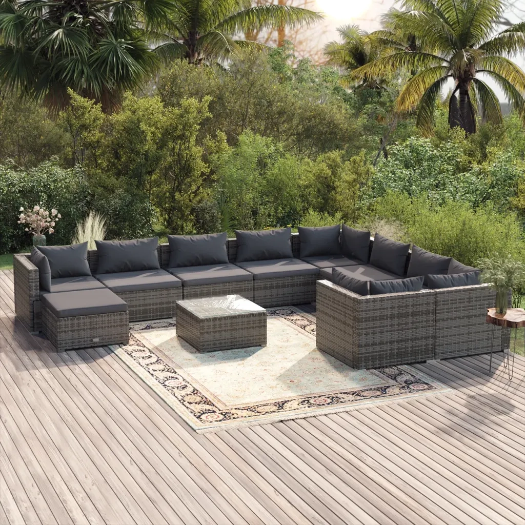 Set Divani da Giardino 11 pz con Cuscini in Polyrattan Grigio 3102693