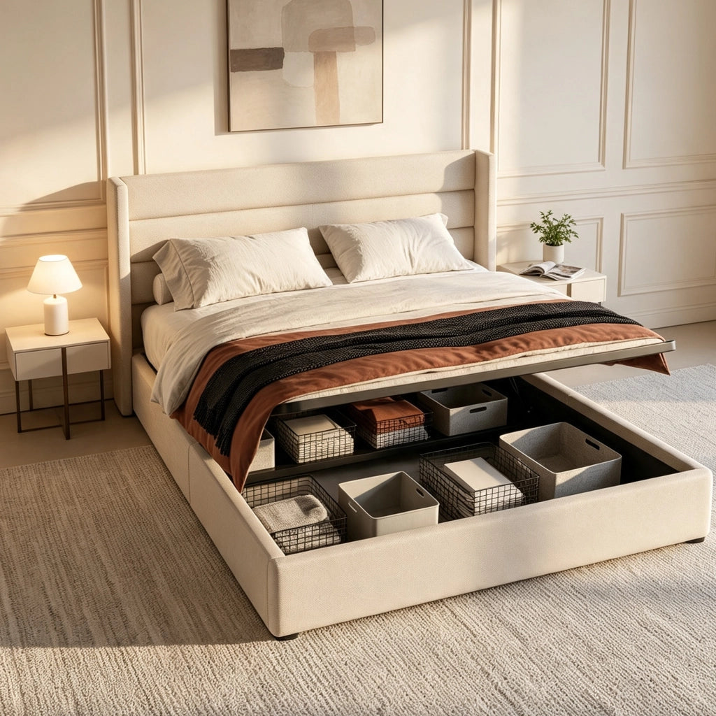 Letto matrimoniale 160x200 cm con contenitore e rete a doghe idraulica letto contenitore matrimoniale con testiera imbottita  struttura letto in legno - beige