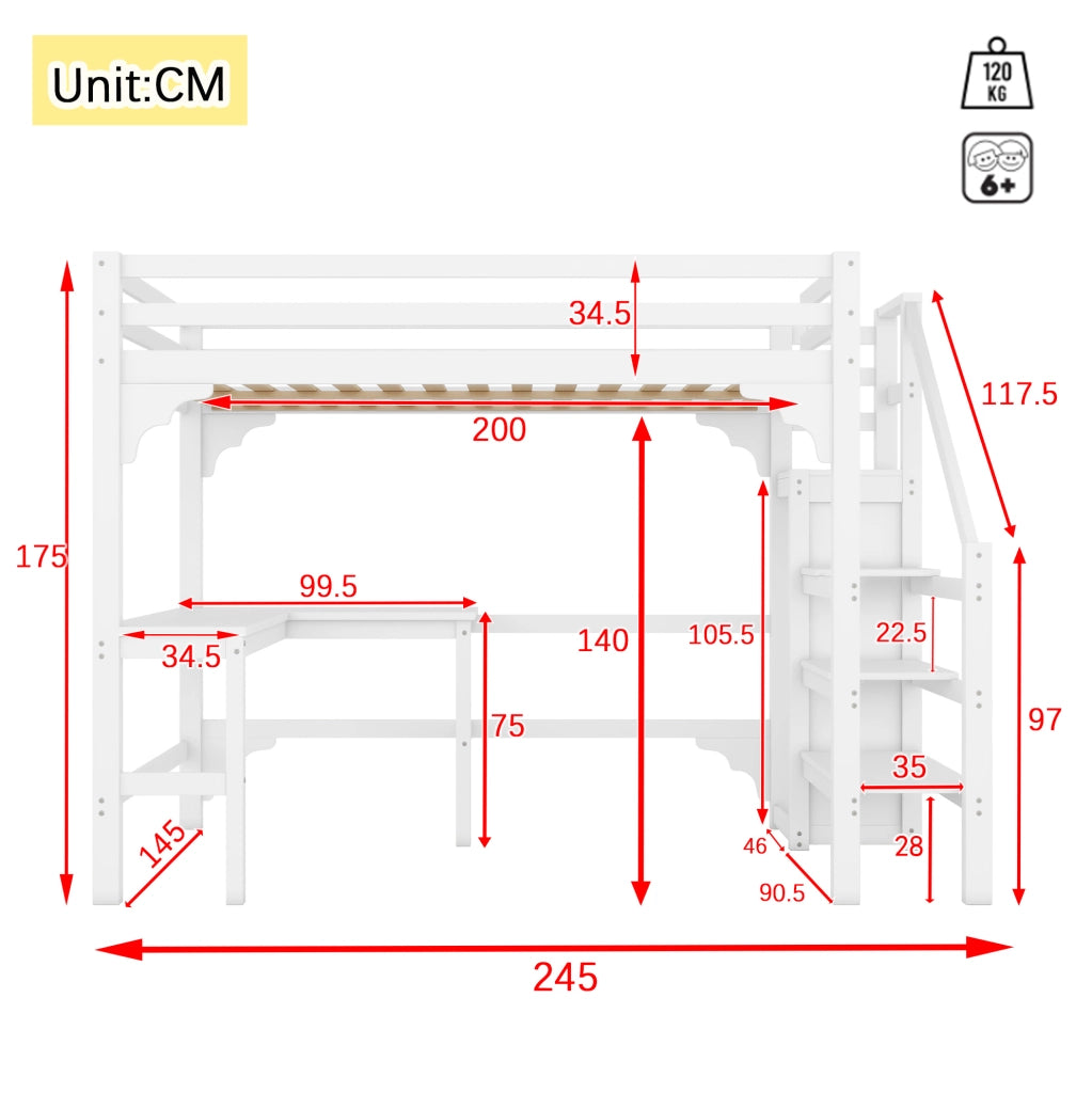 Letto a soppalco 140x200 cm con scrivania e armadio