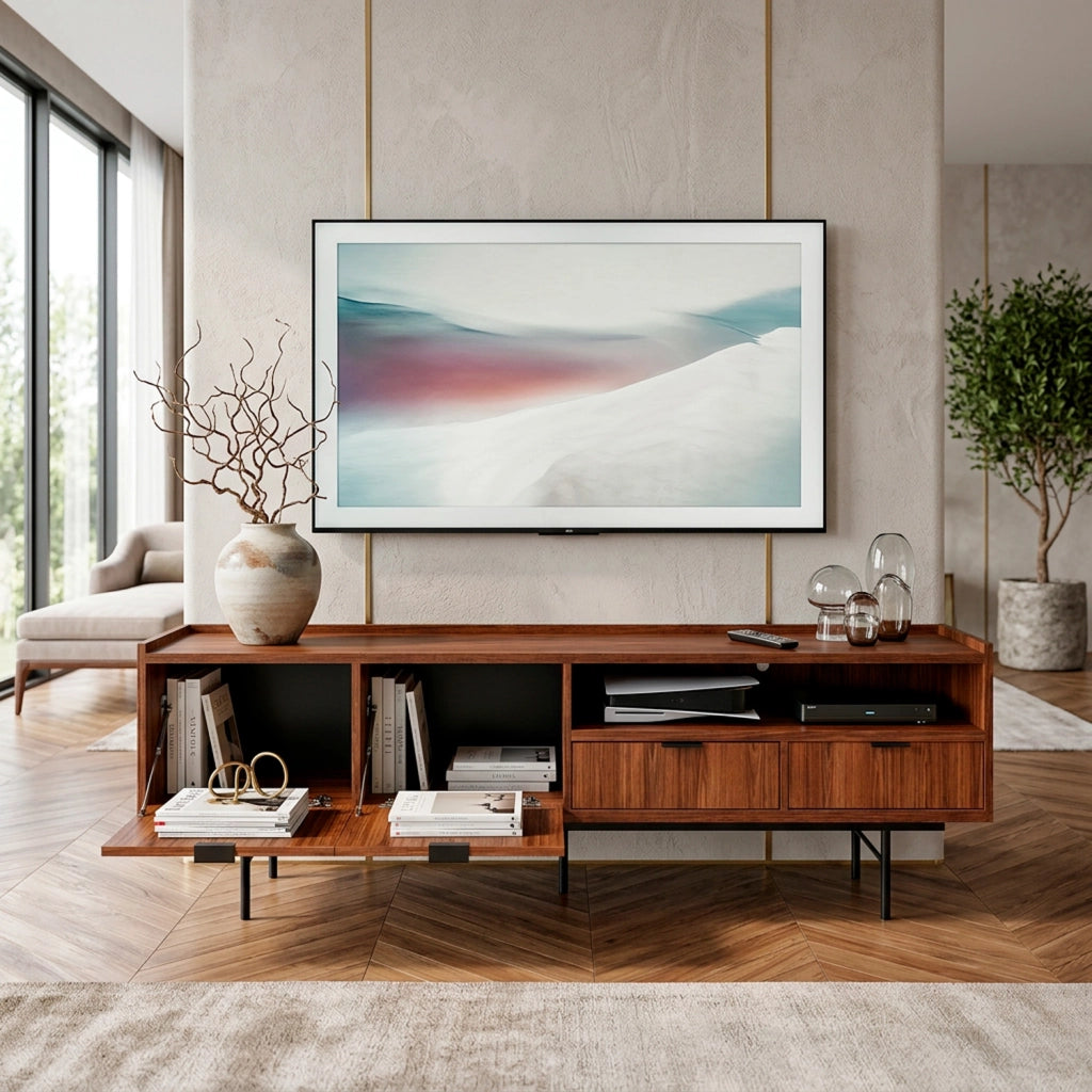 Mobile Porta TV Moderno Per Salotto Zona Living Soggiorno Con 2 Ante A Ribalta 2 Cassetti Vano A Giorno Passacavo Struttura In Melaminico Design Contemporaneo 200 X 40 X 55 Cm Noce