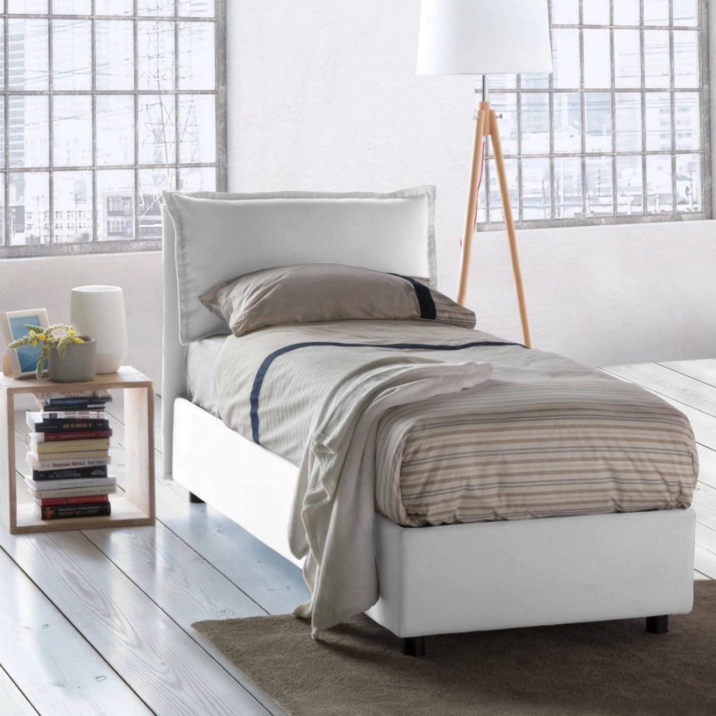 Letto singolo Azzurrino, Letto contenitore con rivestimento in tessuto, Made in Italy, Apertura frontale, adatto per materasso cm 80x200, Bianco