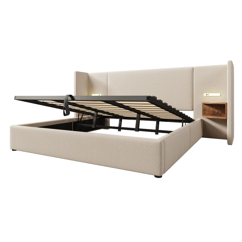 Letto Imbottito Matrimoniale con Comodini, LED e USB ¨C MINIMAL ¨C Contenitore, Rete a Doghe, Beige Lino 180x200
