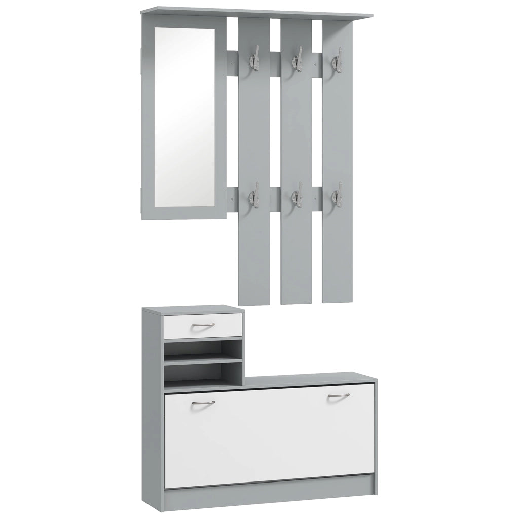 Mobile Appendiabiti 3 in 1 con Scarpiera e Specchio ¨C zephmum ¨C Legno, Bianco e Grigio, 90x10x91 cm