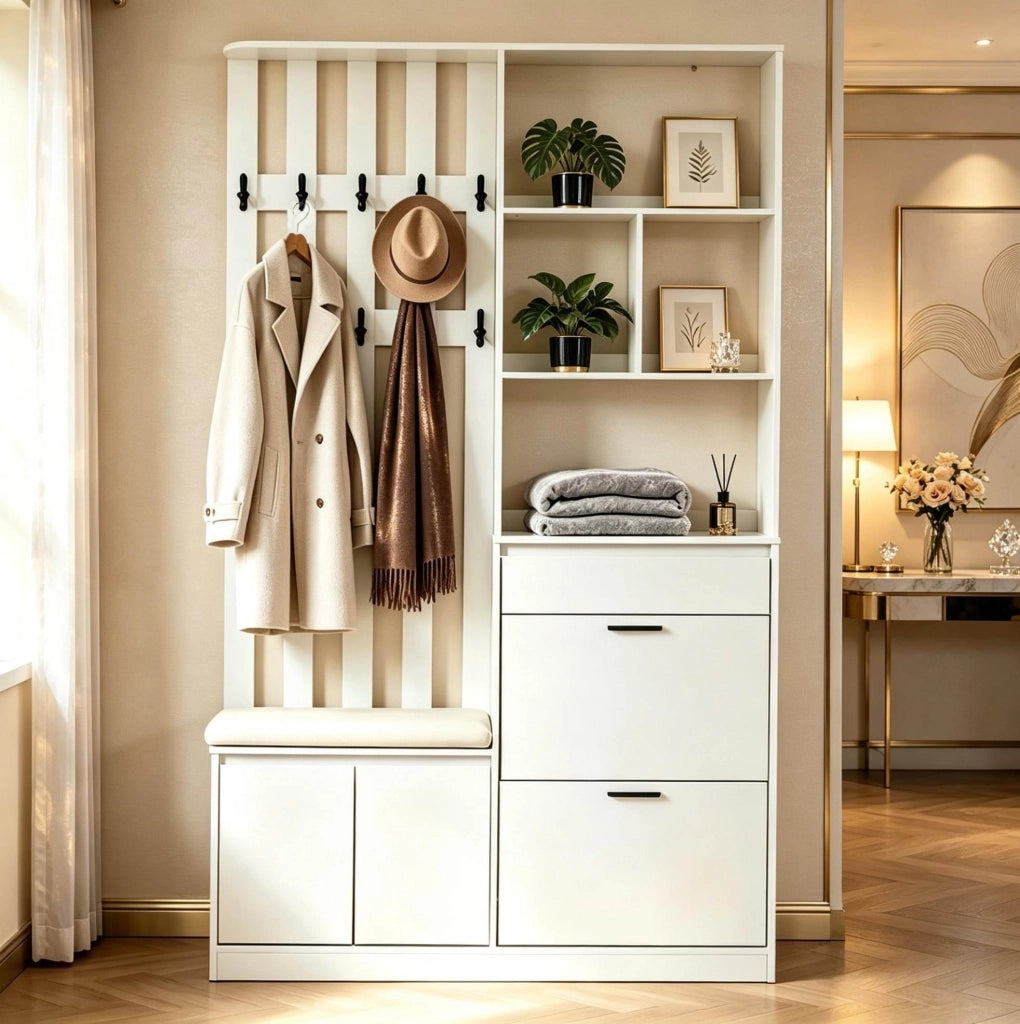 Mobile ingresso con panca 120x30x200 cm; 2 scarpiere a ribalta e appendiabiti bianco HOMVRA