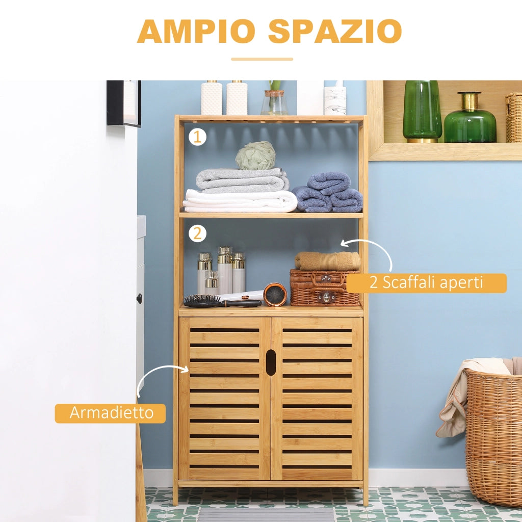 Mobile Bagno con 2 Ripiani Aperti e Armadietto 2 Ante ¨C Zephmum ¨C Bamb¨´ 60x30x120cm