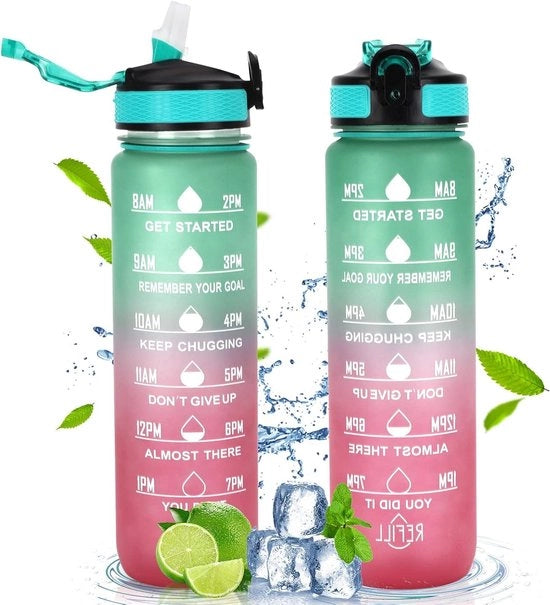 Sportiva bottiglia acqua impermeabile con scala graduata, beccuccio e indicatore orario - Ideale per tempo libero, fitness, bicicletta e camminata.