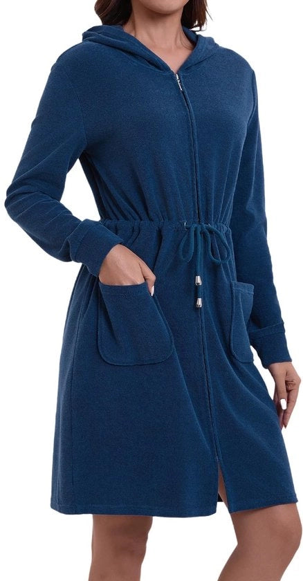 Asciugamano da bagno elegante per donna con cappuccio e chiusura lampo, corto e leggero, blu marino S