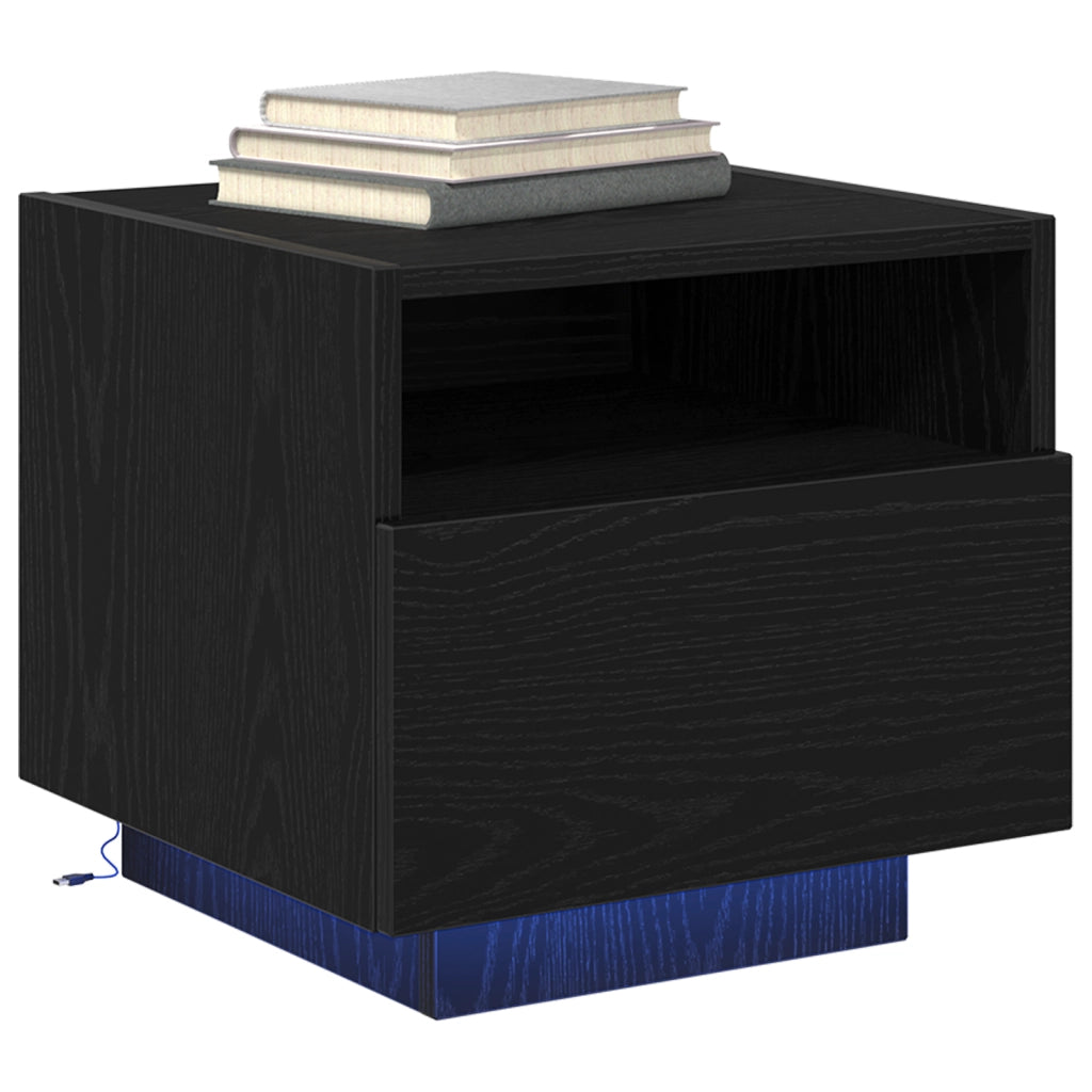 Comodino  con luci LED Nero Rovere 40x39x37 cm