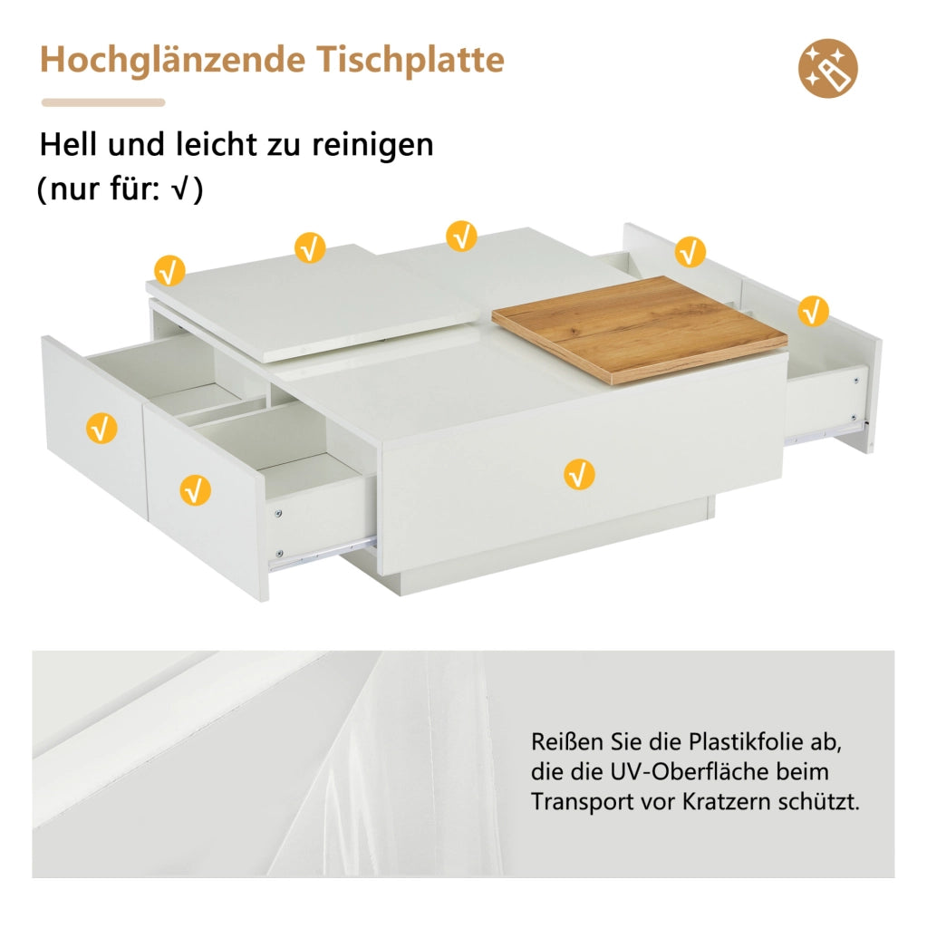 Tavolino da salotto quadrato 75x75x33;5 cm bianco lucido in pannello truciolare con 4 cassetti