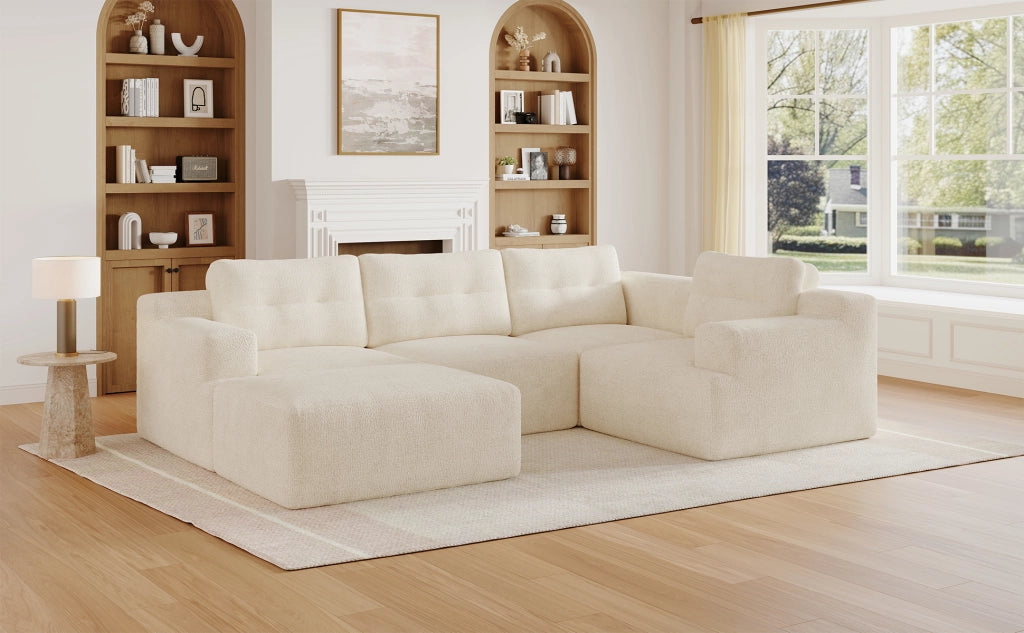 Divano modulare a U componibile con poggiatesta alto e pouf design senza telaio senza montaggio in chenille beige