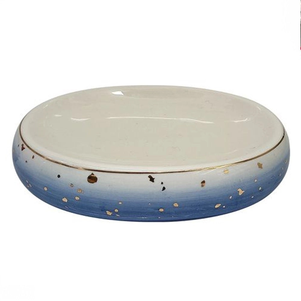 Trade Shop - Piatto Piattino Porta Sapone Saponetta Bagno In Ceramica Bianco Blu Arredo 79968 -