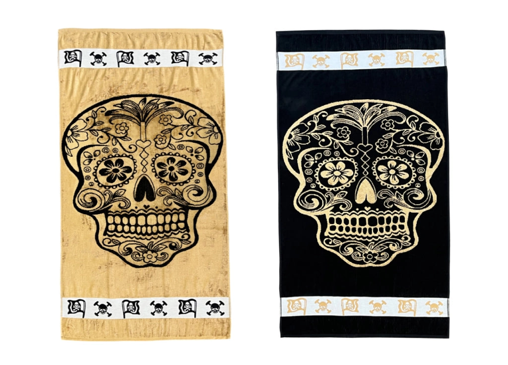 Telo Mare Jacquard Spugna Asciugamano Spiaggia Disegno New Gold Skull - Telo Mare - Oro