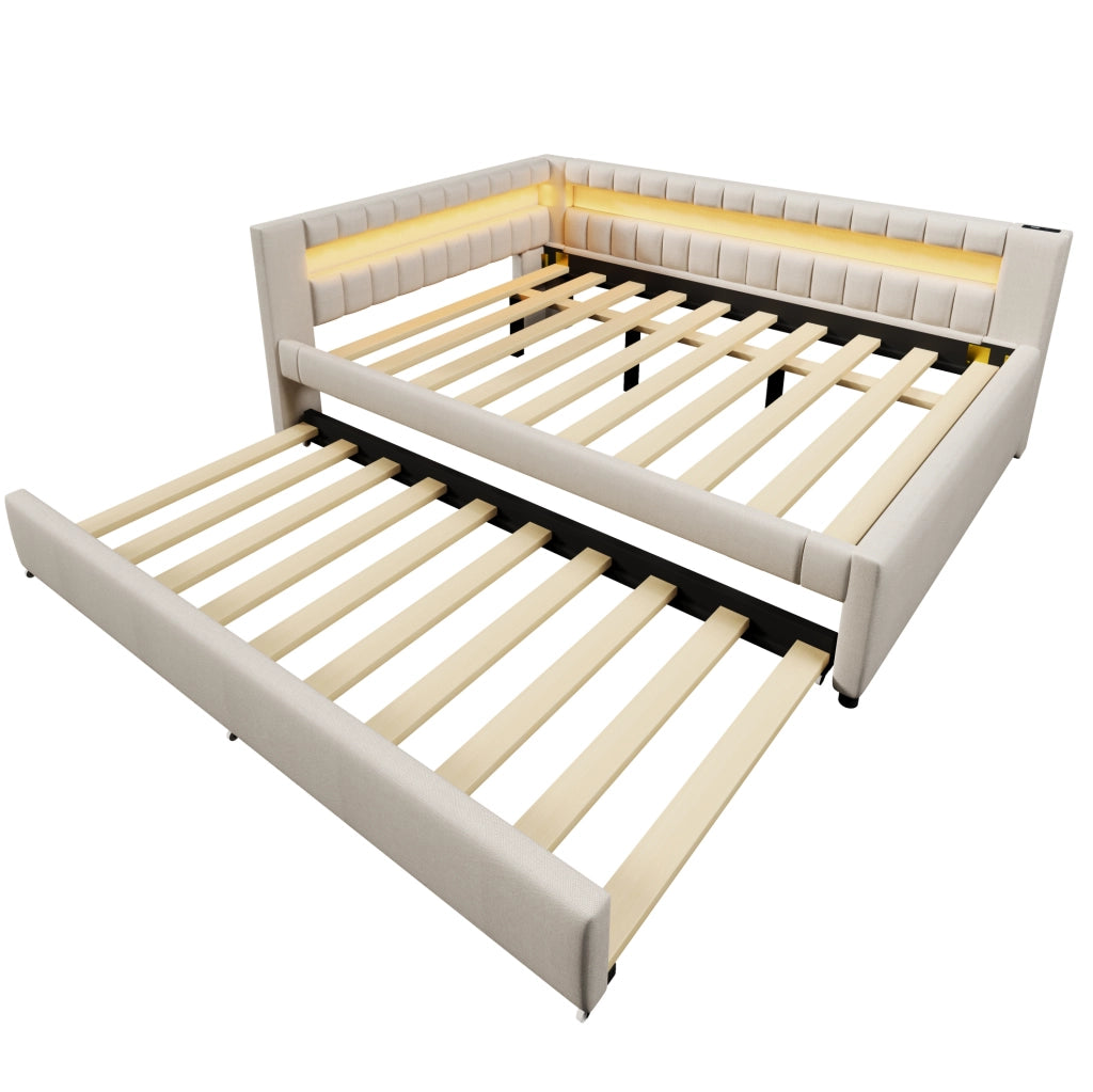 Letto 140x200 cm con LED e letto estraibile; USB e Type-C in lino beige