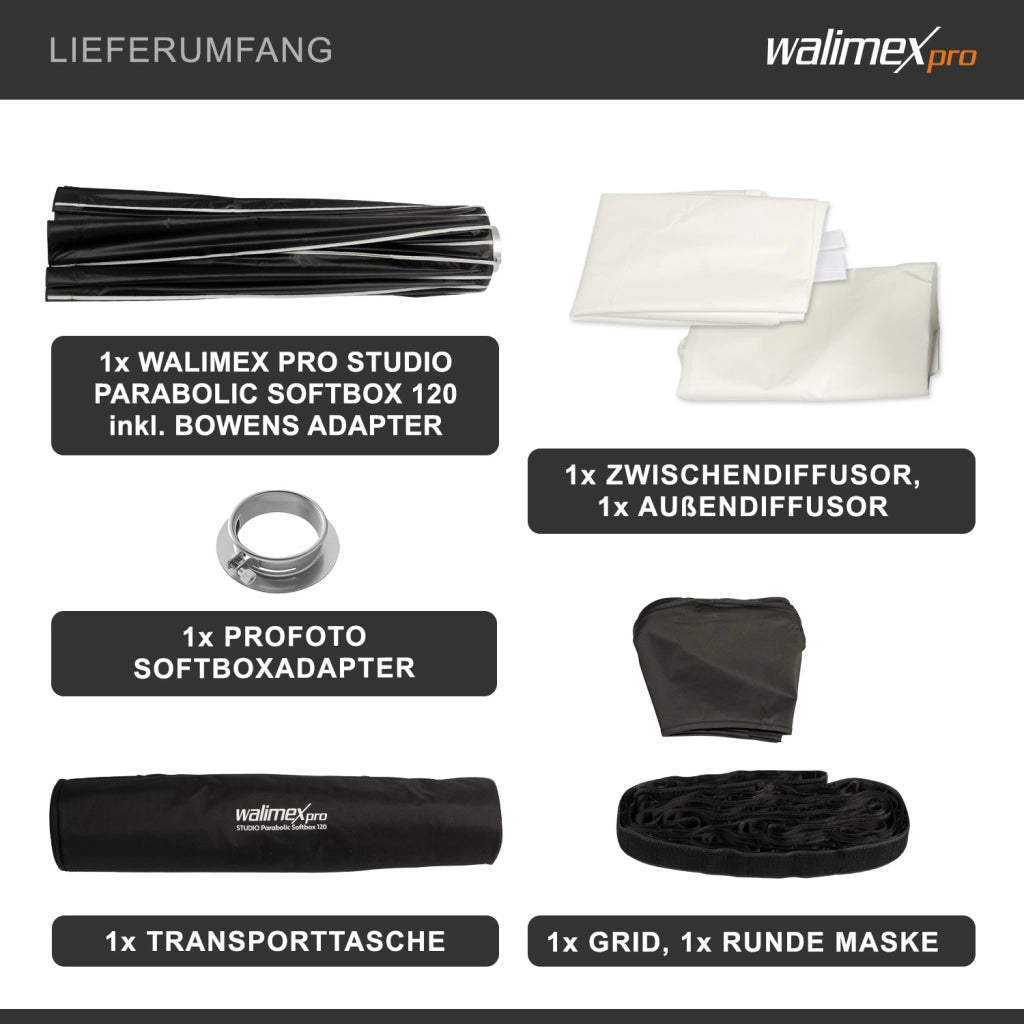 Studio Parabolic Softbox 120 cm + adattatore softbox per Profoto (diametro esterno: 15,2 cm), ruotabile a 360°, con griglia, maschera, adattatore Bowens e borsa per il trasporto