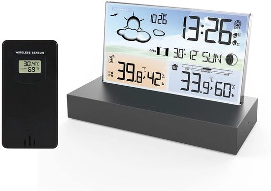 Stazione Meteorologica - Orologio Digitale - Visualizzazione a Casa - Sensori Senza Fili - Touchscreen LCD - Nero