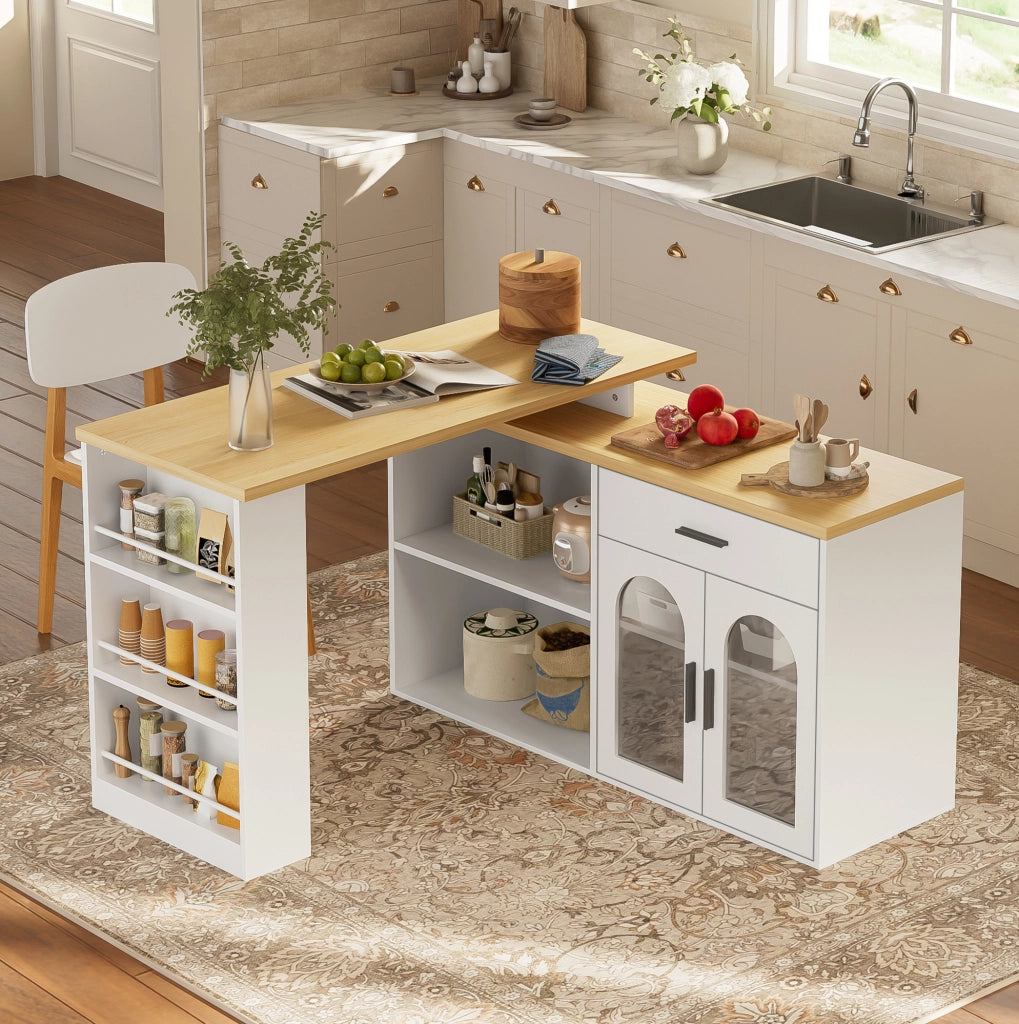 Isola cucina bianca con piano girevole a 360° e contenitore