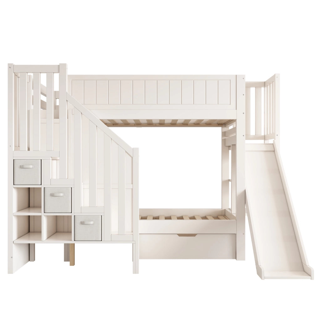 Letto a castello per bambini 90x200 cm con scivolo; scala contenitore e cassetti; bianco