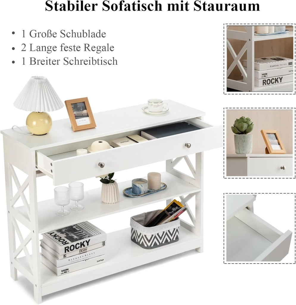 Ingresso per ingresso, console da ingresso stretta a 3 livelli con ampio cassetto per chiavi, orologi e gioielli, mobile ingresso per soggiorno e camera da letto, 100 x 30 x 80 cm (bianco)