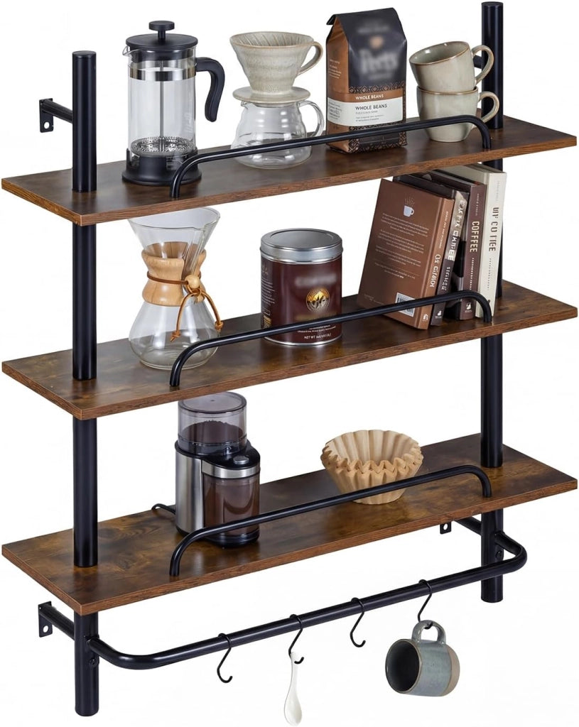 Mensola da Parete, Scaffalatura a 3 Livelli con Luce LED e 4 Ganci a S, Controllo Remoto e APP, Scaffale per Riporre e Esporre in Cucina, Camera da Letto e Soggiorno, 80,5x24x97 cm