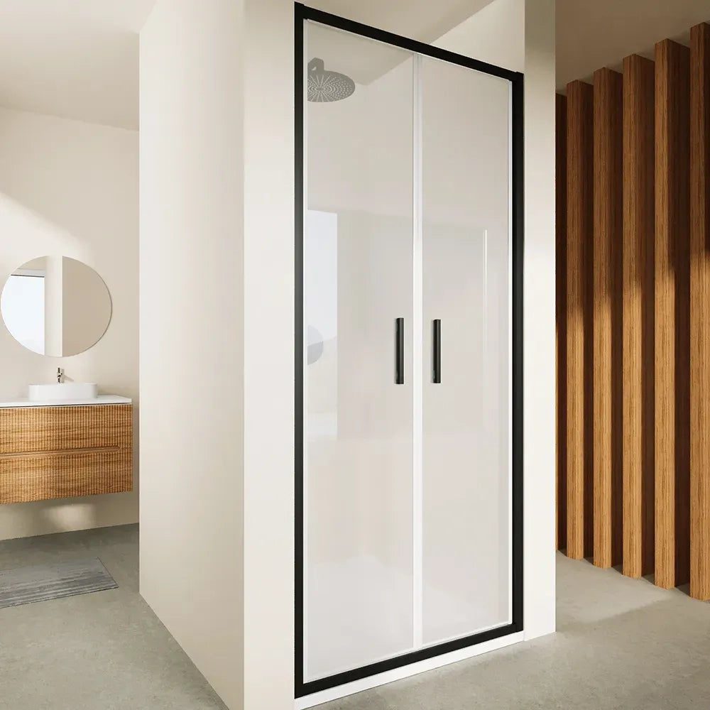 Porta doccia 90cm con apertura saloon profili slim nero opaco vetro 6mm trasparente h190 | Portofino