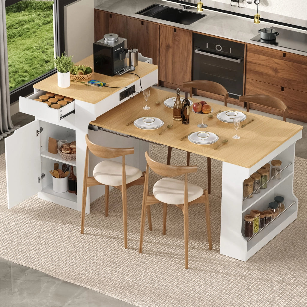 Tavolo allungabile con ruote e prese integrate mobile contenitore con due cassetti per cucina e sala da pranzo