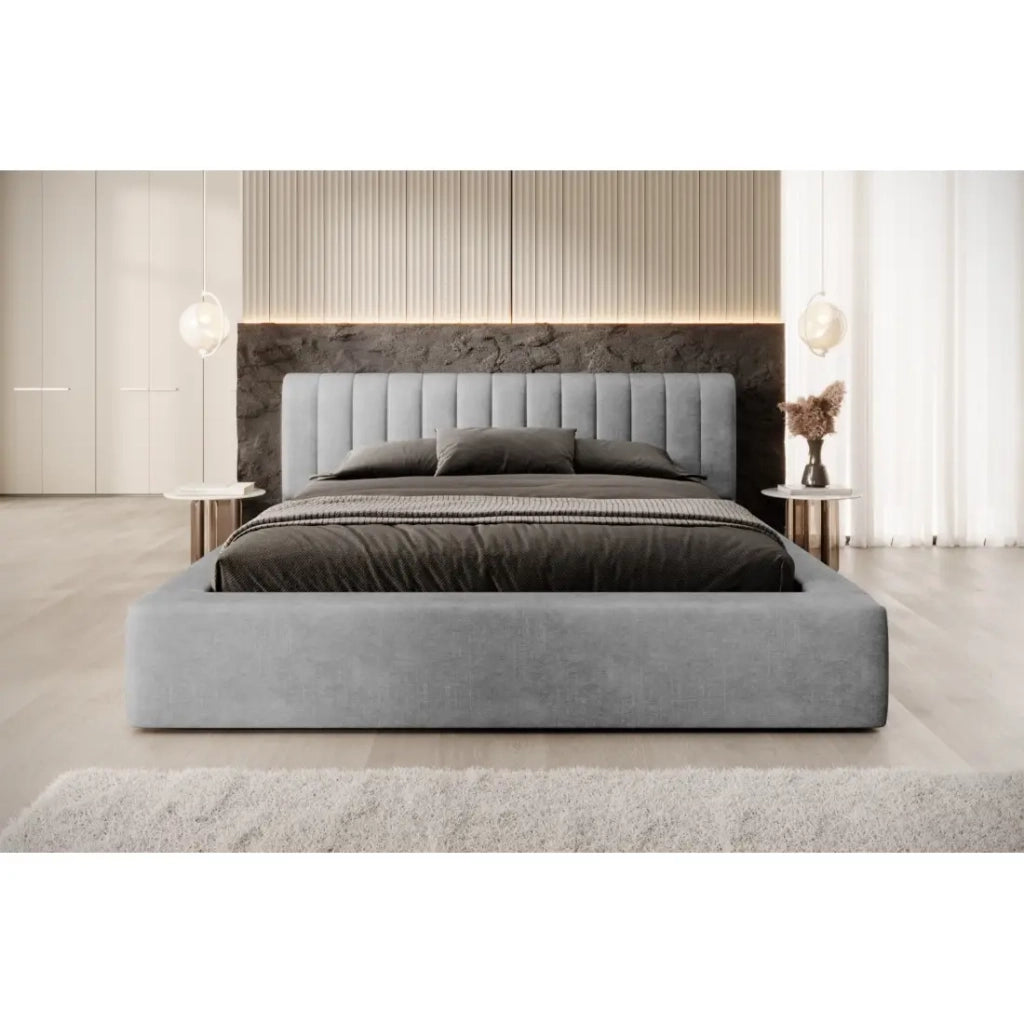 Lit coffre CERVIN – Velluto morbido Perla di cemento – 180x200 cm – Rete sollevabile – Design contemporaneo