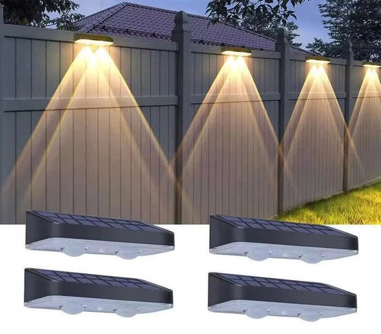 Set di 4 lampade per parete esterna alimentate da energia solare, illuminazione esterna a tre colori per recinzioni, illuminazione per parete esterna da giardino con effetto atmosferico