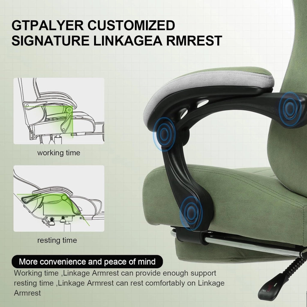 Sedia da gaming, ergonomica, da scrivania, con superficie in tessuto, cuscino a molla, braccioli di collegamento e poggiapiedi, Verde